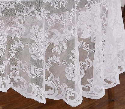 LinenZone Extra Large White Round Tablecloth for Rustic Vintage Decor. Sheer Lace Table Cloth Works Great As Wedding Tablecloth or Thanksgiving Table Cover. (Mia 120 Round, White)
