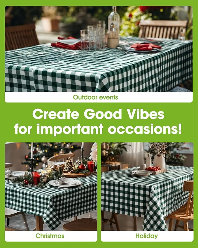 Pureegg Plastic Table Cloth Disposable 10 Pack, 54 x 108 Inch Table Cloths, Party, Picnic, Decorative Gingham Tablecloths, Rectangle, Green and White Checkered Cover, Leakproof & Sturdy, Green Plaid
