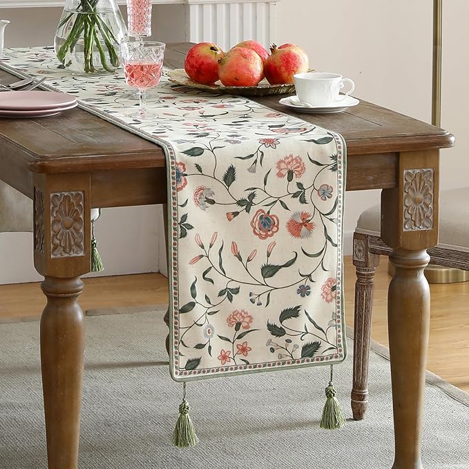 ISAENNE Designer Chinoiserie Elegant Linen Floral Table Runner 87 Inches Long,White Wrinkle Resistant Table Runners for Dining Tables,Thanksgiving,Kitchen Tables,Christmas,12"*87"-Daffy A