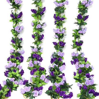 Floweroyal 4 Pack Artificial Flower Garlands 7.9FT Fake Rose Vines Silk Flowers Hanging Rose Ivy for Wedding Arch Party Home Garden Wall Decor (Purple)