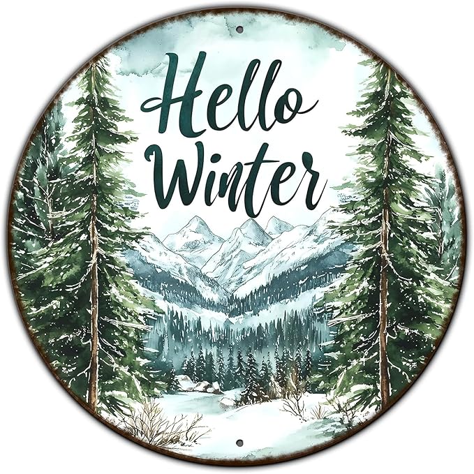 Round Christmas Metal Tin Sign Hello Winter Sign Christmas Pine Trees Welcome Door Sign Xmas Winter Holiday Farmhouse Rustic Wreath Sign for Indoor Outdoor Home Wall Window Decor 8 * 8 in