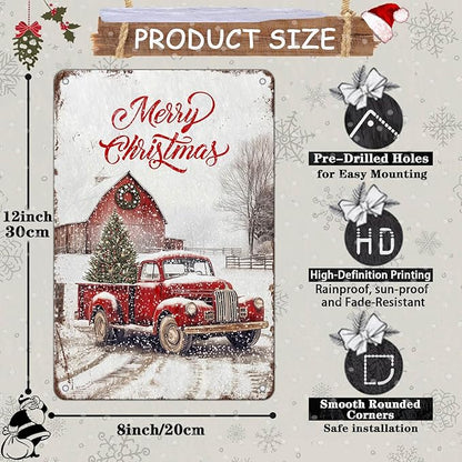 Vintage Christmas Red Truck Tin Sign Merry Christmas Truck Christmas Tree Metal Tin Sign Winter Rustic House Yard Xmas Pickup Holiday Wall Decorations Tin Sign 8x12Inch