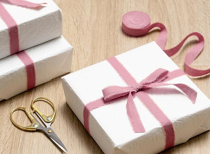 Pink Ribbon 5/8" x 21 Yards with Frayed Fringe Fabric Cotton Ribbons for Gift Wrapping Wedding Invitations Flower Bouquet Baby Shower