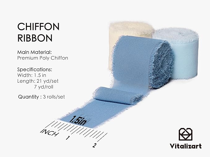 Vitalizart Blue Handmade Chiffon Silk Ribbon Fringe 1.5" x 21 Yd Dusty & Baby Blue Frayed Edges Ribbons for Wedding Invitations Bridal Bouquets Gifts Wrapping Crafts Holiday Party Decorations
