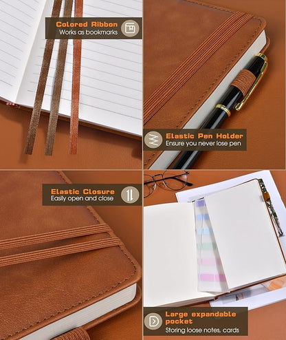 Lined Journal Notebook for Women Men, 256 Numbered Pages Hardcover Leather Journals for Writing, A5 Journaling Notebooks, College Ruled Journal for Business Work School 5.75" x 8.38" Light Brown