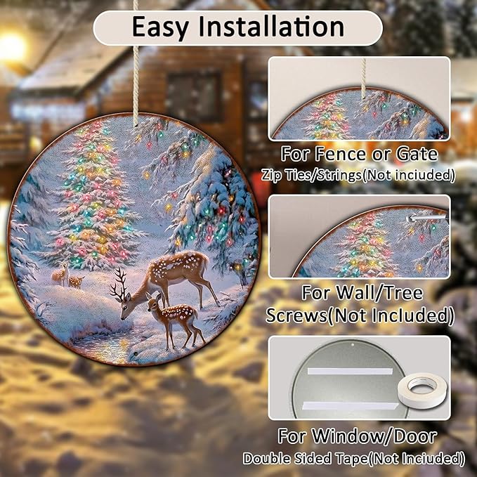 Christmas Tree Decor Round Metal Tin Sign Christmas Deer Vintage Tin Sign for Home Coffee Wall Decor for Christmas Family Wall Decoration 8 * 8 in