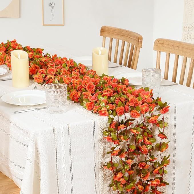 KHOYIME 9 Pack 72 FT Artificial Fall Flower Garland, Fake Orange Roses Vines Silk Flowers Faux Plastic Outdoor Hanging Floral Garland Autumn Decoration for Indoor Table Home Wall Backdrop Room Decor