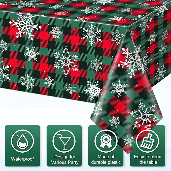 6Pcs Christmas Buffalo Plaid Snowflake Party Tablecloths Decorations,Plastic Red and Green Checkered Rectangle Table Cover for Winter Christmas New Year Birthday Holiday Party Decorations,54x108 inch
