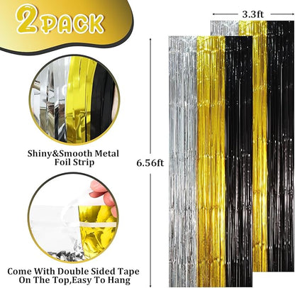 2 Pack Black Gold Silver Foil Fringe Backdrop Curtains, Tinsel Streamers Party Decorations, Fringe Backdrop, Door Shimmer for New Years or Birthday Party