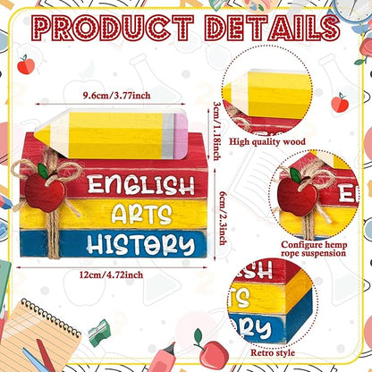 4 Pcs Back to School Table Decorations First Day of School Tiered Tray Decorations Decorative Mini Wooden Books Subject Signs for Office Shelf Classroom Tabletop Bookshelf(Pencil)