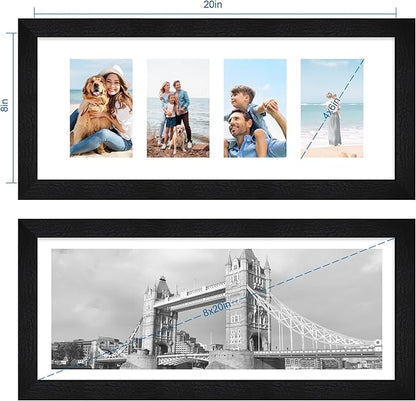 8x20 Picture Frame Set of 2, Rustic Black Wood Frame with Tempered Glass Collage Frame, Display Pictures Four 4x6 With Mat or 8 x 20 Without Mat - Horizontal or Vertical Wall Mounting