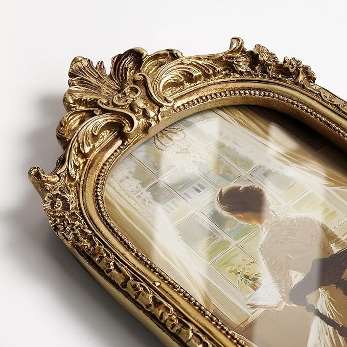 Cuspin Vintage 4x6 Picture Frame, Gold Ornate Resin Frames with Plexiglass Front for Tabletop and Wall Mounting, Antique Arched Photo Frame for Home Office Decor