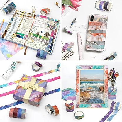 48 Rolls Washi Tape Set - Decorative Masking Tape Colored Marbling Patterns, Adhesive Artists Tapes for Journaling Supplies, DIY Crafts, Scrapbooking, Junk Journal Supplies, School Supplies