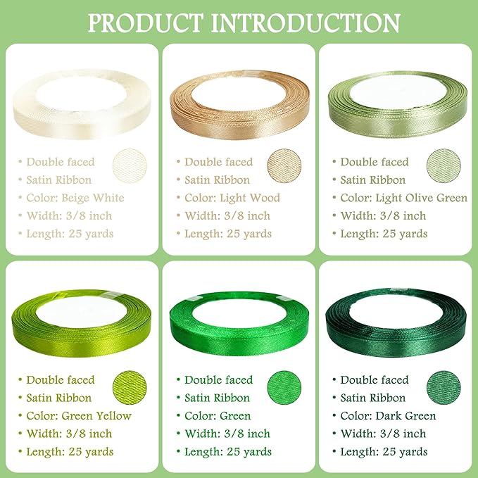 3/8" 6 Colors X 25 Yards Green Satin Ribbon,150 Yards Assorted Green Colors Satin Ribbons for Flower Bouquet,Ribbons for Gift Wrapping Happy Birthday Party Decorations