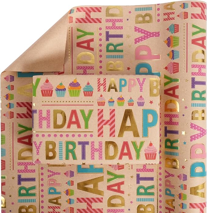 Aimyoo Colorful Birthday Wrapping Paper Roll - 17 Inch X 32.8 Feet - Gold Foil Happy Birthday Lettering & Cupcake Design Gift Wrap for Kids, Baby Showers