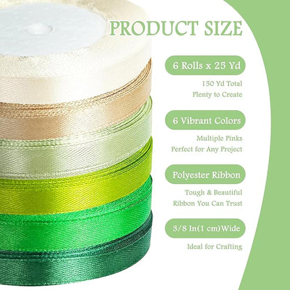 3/8" 6 Colors X 25 Yards Green Satin Ribbon,150 Yards Assorted Green Colors Satin Ribbons for Flower Bouquet,Ribbons for Gift Wrapping Happy Birthday Party Decorations