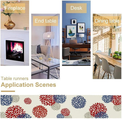 4th of July Table Runner, Blue Red Dahlia Flower American Patriotic Memorial Day Table Runner for Farmhouse Kitchen Dining Table Party Decor, 13x60inch
