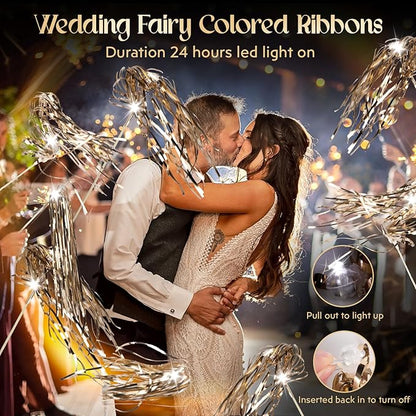 100 pcs Wedding Wands Light up with LED Tinsel Wedding Streamers for Wedding Send off and Greeting Ideal Props for Weddings, Birthday Parties, Christmas Cheerleading Games (Champagne)