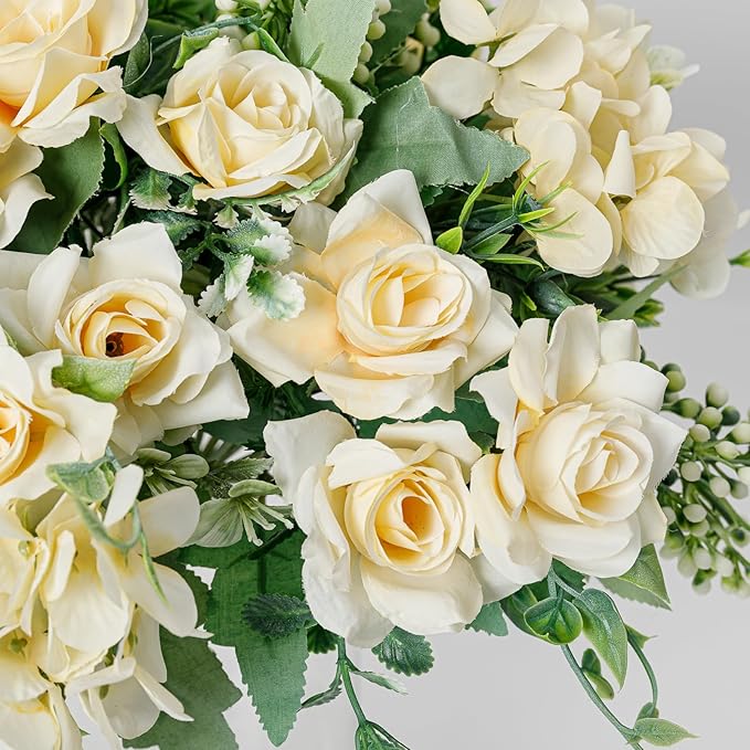 Artificial Flower 5 Branches Artificial Silk Fake Flowers Bouquet Small Roses for Wedding Home Office Tables Decor 4 Packs(Champagne)