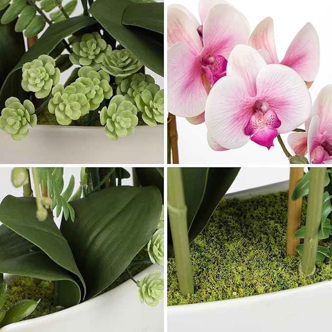 Briful Pink Orchid Artificial Flowers 18in Fake Orchid Silk Flowers with Ceramic Pot Faux Orchid Arrangement for Home Office Room Table Shelf Modern Decoration