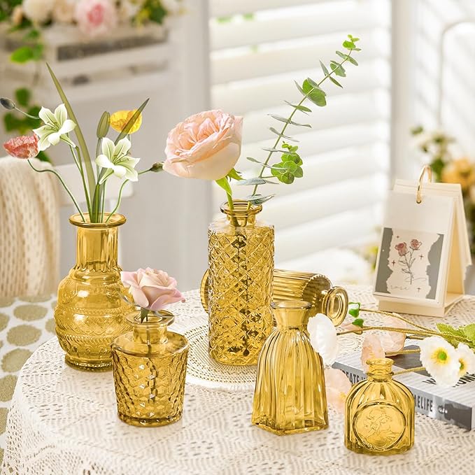 Amber Gold Glass Bud Vases Set of 24, Vintage Small Vases for Flowers, Clear Crystal Mini Style in Bulk, Small Flower Glass for Centerpieces Wedding Decorations Home Party Decor