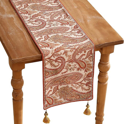 ISAENNE Designer Elegant Red Linen Table Runner 71 Inches Long,Vintage Paisley Pattern Durable Table Runners for Dining Tables,Thanksgiving,Kitchen Tables,Christmas,12"*71"-Chauffrey A