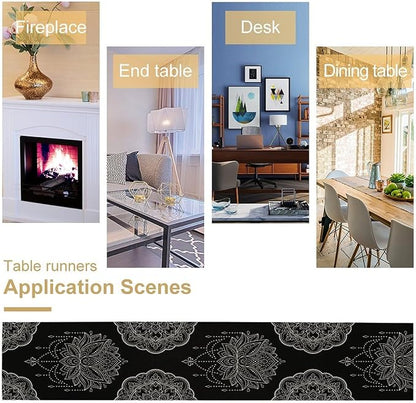 Lotus Flower Table Runner, Bohemian Ethnic Oriental Mandala Black White Floral Print Table Runner for Home Kitchen Dining Indoor Outdoor Dinner Party Decor, 13x108inch