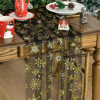 Artoid Mode Black Gold Snowflakes Christmas Gauze Table Runner 120 Inch 10FT, Winter Seasonal Sheer Dining Holiday Wedding Table Decor for Home Party