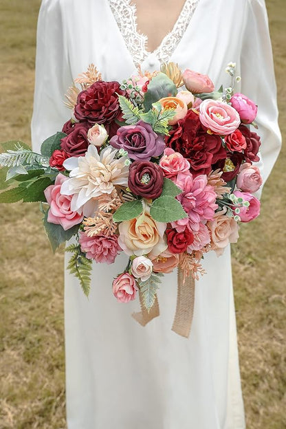 Serra Flora Artificial Flowers Combo Box Set Faux Flowers Bulk Flower Leaf with Stems for DIY Wedding Bouquets Centerpieces Baby Shower Party Home Decorations- (Burgundy Pink)