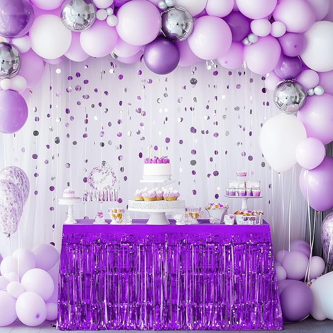 2 Pack Lake Blue Dark Purple Table Skirts, 29x108" Metallic Foil Tinsel Fringe Table Skirt for Rectangle Tables Streamer Curtains Backdrop, Party Decorations for Birthdays, Weddings, Holidays