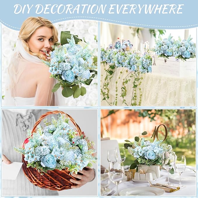 Zeyune 8 Pcs Wedding Silk Flowers Fake Silk Flowers Faux Bouquet Hydrangea Bouquets for Wedding Birthday Party Table Centerpieces Home Decoration(Blue,Peony)