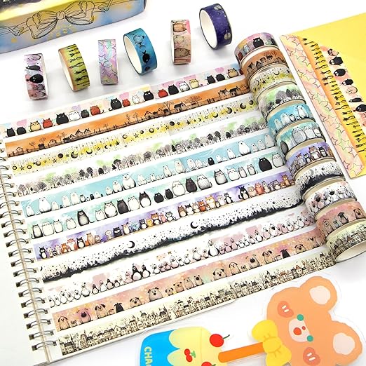 Cute Washi Tape Set - 24 Rolls Kawaii Animals Decorative Washi Tape for Scrapbooking Supplies, Bullet Journal Supplies, Junk Journal, Kids Art Craft Tape