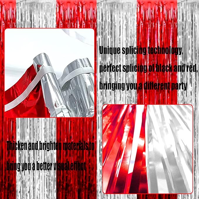 4 Pack Silver Red Foil Fringe Curtain Backdrop, 3.28Ft x 8.2Ft Metallic Tinsel Foil Fringe Streamers Curtains for Photo Booth, Wedding, Circus Welcome Carnival Birthday Party Decoration