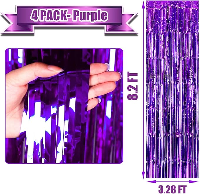 4 Pack Purple Foil Fringe Curtain Backdrop, 3.28Ft x 8.2Ft Metallic Tinsel Foil Fringe Streamer for Party, Photo Booth Props, Birthday, 2022 Graduation Decoration Party Supplies