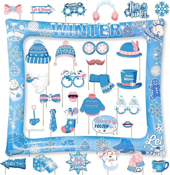 Winter Photo Booth Props Inflatable Frame, 30Pcs Winter Wonderland Photo Props with Inflatable Picture Frame Large for Frozen Holiday Party Selfie Supplies