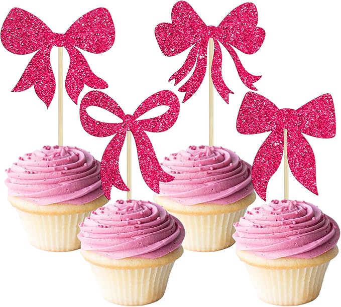 Gyufise 36Pcs Bow Cupcake Toppers Glitter Bowknot Cupcake Picks Bow Tie Birthday Decorations Princess Bow Cupcake Decorations for Bowknot Theme Baby Shower Birthday Party Supplies Rose Red