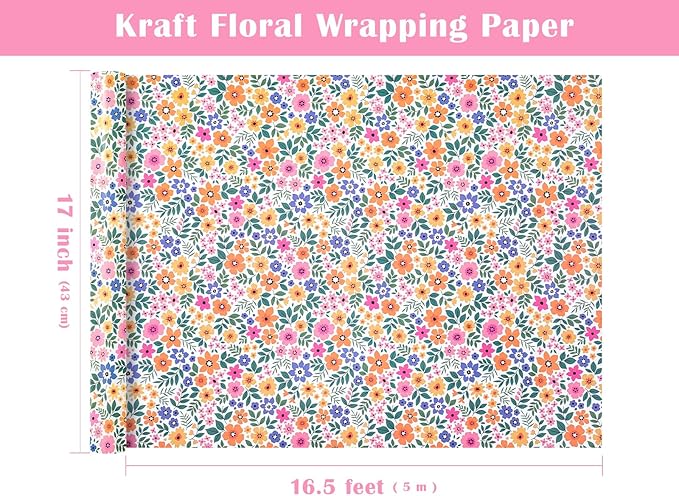 WRAPAHOLIC Kraft Floral Wrapping Paper Roll - Mini Roll - 17 Inch x 16.5 Feet - Ditsy Flower Wrapping Paper, Perfect for Wedding, Birthday, Bridal Shower, Tea Party