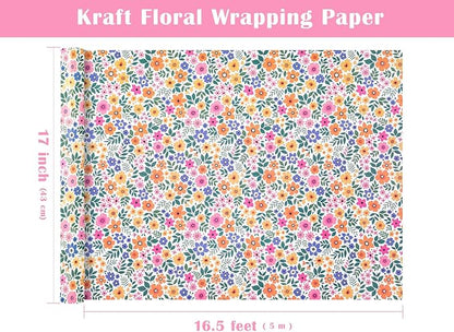 WRAPAHOLIC Kraft Floral Wrapping Paper Roll - Mini Roll - 17 Inch x 16.5 Feet - Ditsy Flower Wrapping Paper, Perfect for Wedding, Birthday, Bridal Shower, Tea Party