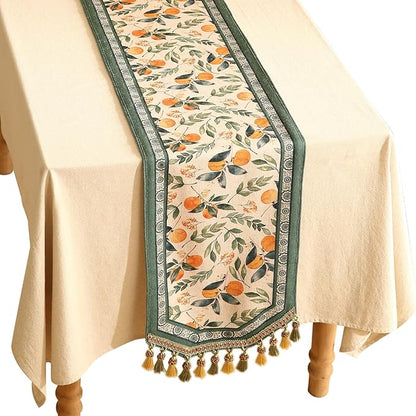 patdrea Designer Vintage Fresh Farmhouse Linen Table Runner 71 Inch Long, Green and Orange Pattern Table Mat, Decor for Kitchen Dining Table Coffee Table Shelf Cabinet Banquet Christmas ,12"*71"