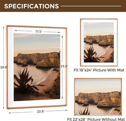 22x28 Picture Frame USA-Sourced Natural Cherry Wood Solid Original Wood Photo Frame Rounded Corner with Mat to 18x24 Picture Display with Real Glass Family Picture, Wedding Picture, Photo, Certificate