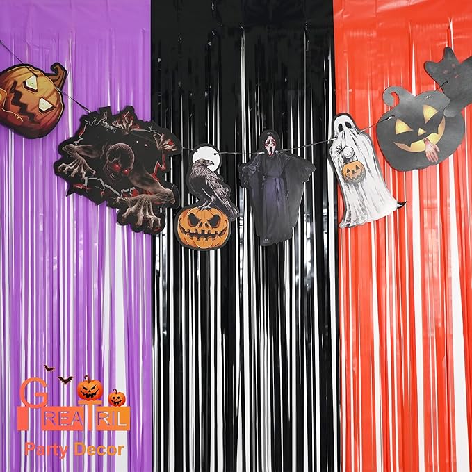 Black Purple Orange Party Streamers - GREATRIL Foil Fringe Backdrop for Hocu Birthdays Halloween Party Supplies - 3.2ft X 8.2ft - 2 Packs