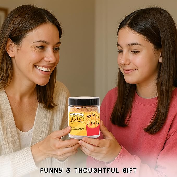 Positive Fries Jar – 60 Funny Affirmation Cards, Emotional Support Fries for Friends, Teens, Coworkers, Funny Foodie Gifts for Stress Relief and Positivity