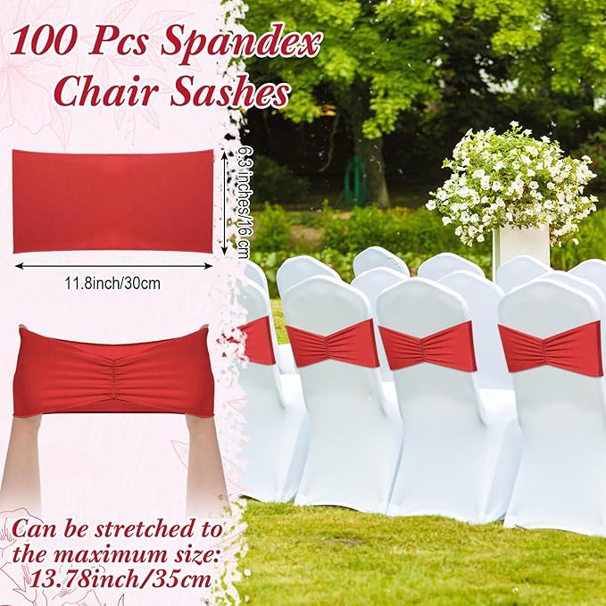 Moukeren 100 Pcs Spandex Chair Sashes Bows Bands Slider Sashes for Chair Covers Elastic Bands Ties Ribbon Decorations for Wedding Party Events Ceremony Birthday Banquet(Red)