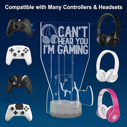 Light Up Headset and Controller Stand, 16 Colors 3D LED Lights Gamepad Headphone Holder with Remote Control, Game Controller Hanger for All Universal Gaming PC Accessories