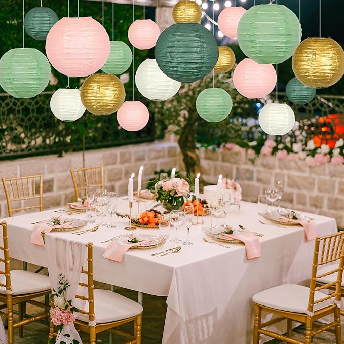 ADLKGG Paper Lanterns Decorative, Round Hanging Paper Lanterns Decorations for Graduation Bridal Shower Wedding Birthday Neutral Baby Shower Decorations Home Decor Sage Green/Pink/Gold 21pcs