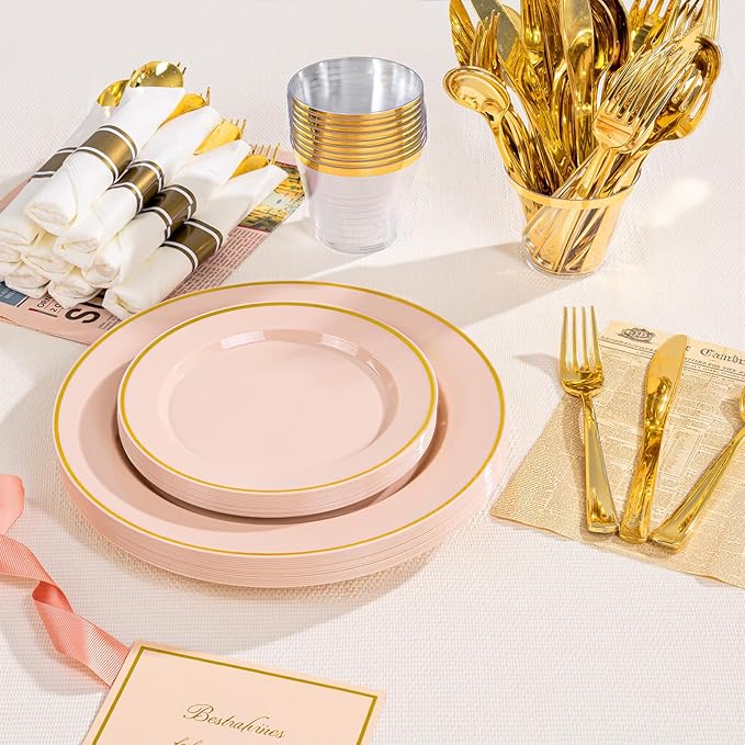 SUT 350 Pcs Pink and Gold Plastic Dinnerware Set for 50 Guests, Include: 50 Dinner Plates, 50 Dessert Plates, 50 Pre Rolled Napkins With Silverware, 50 Cups, Disposable Plates for Baby Shower, Party