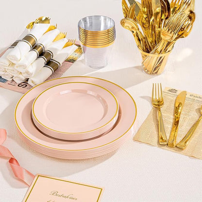 SUT 175 Pcs Pink and Gold Plastic Dinnerware Set for 25 Guests, Include: 25 Dinner Plates, 25 Dessert Plates, 25 Pre Rolled Napkins With Silverware, 25 Cups, Disposable Plates for Baby Shower, Party