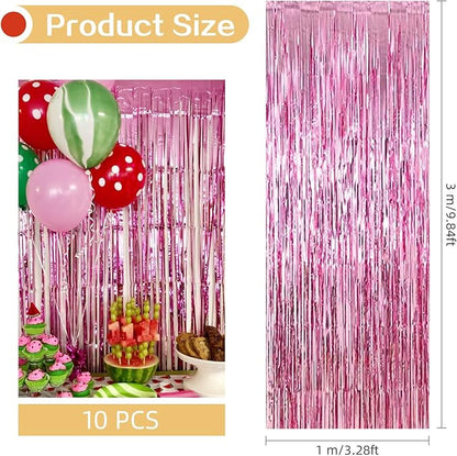10 Pack Pink Foil Curtain Backdrop 3.2ft x 9.8ft Metallic Tinsel Foil Fringe Curtains Streamer Photo Booth Backdrop for Birthday Party Engagement Bachelorette Party Decorations (Pink)