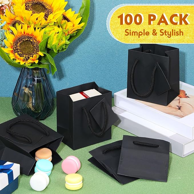 Sherr 100 Pack Mini Gift Bags Bulk, 4 x 2.75 x 4.5 Inches Paper Bags with Tags, Extra Small Paper Gift Boxes with Handles for Birthday, Party Favors, Weddings, Small Business(Black)