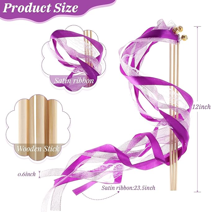 40 Pieces Ribbon Wedding Streamers with Bells, Lace Fairy Stick Wand Party Streamers Chromatic Silk Streamers for Party, Birthday and Holiday